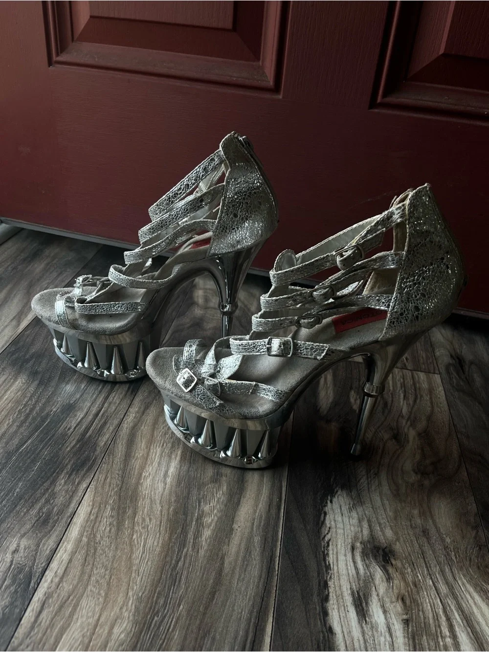 Silver Metallic Strappy Platform Heels - Women's Evening Sandals
